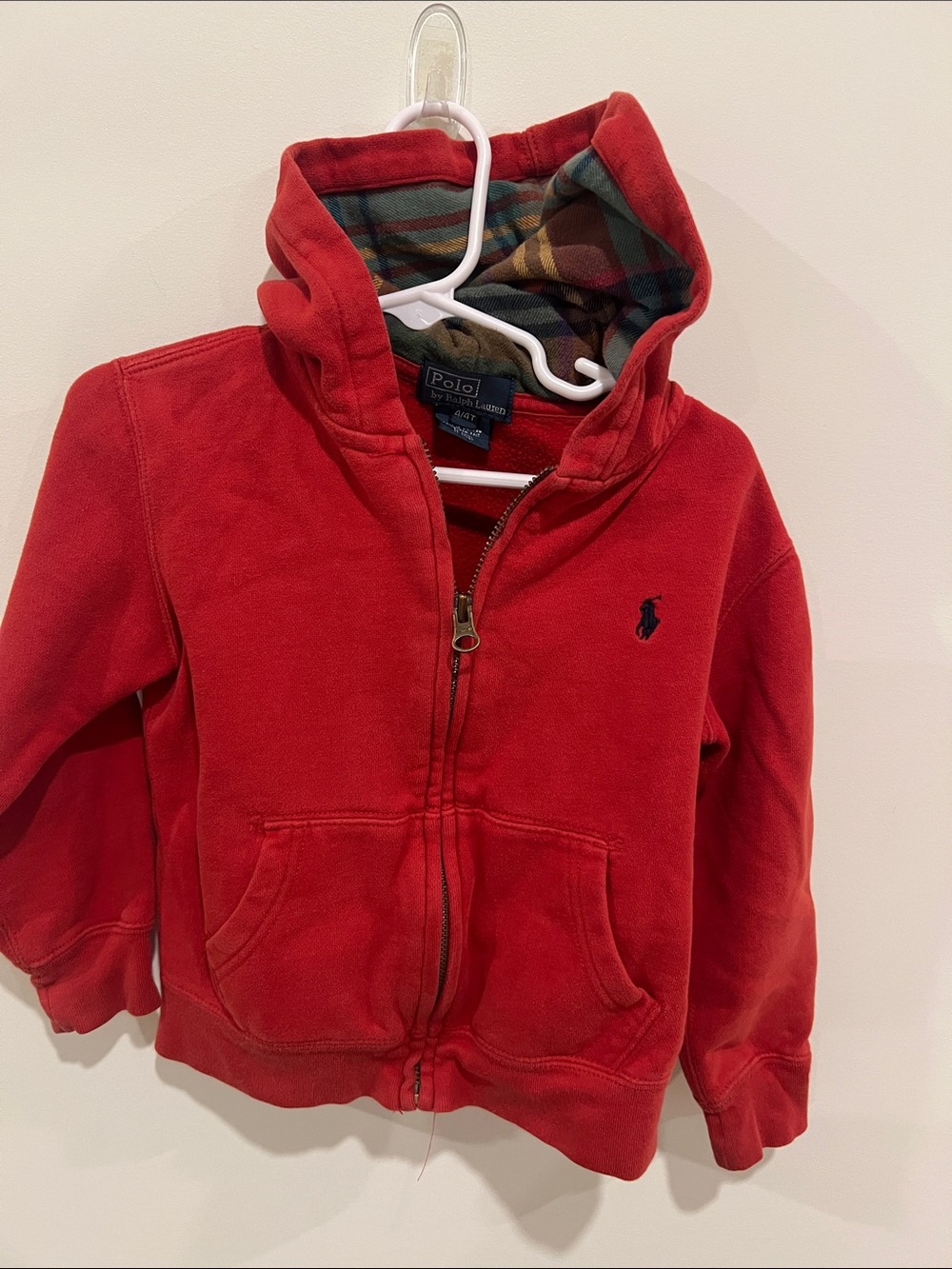 Polo by Ralph Lauren Kids Red Zip Hoodie with Plaid Lined Hood